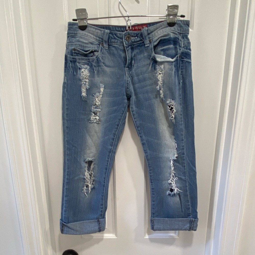 Red Rivet Girls Distressed Medium Blue Jeans Size 5 Adjustable Waist Embroidered